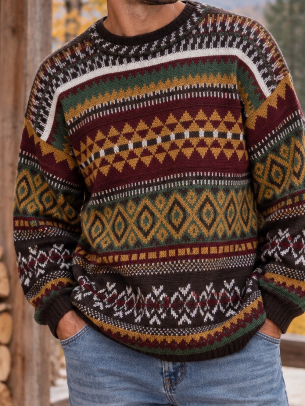 Reference Point Vintage Men's Patterned Knit Sweater BurgundyMustard Green Large